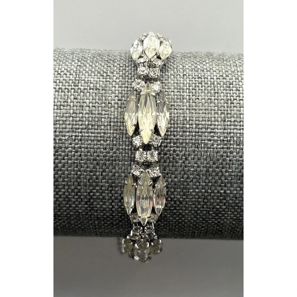 Vintage Weiss Art Deco Style Crystal Marquise Rhinestone Bracelet Silver Tone